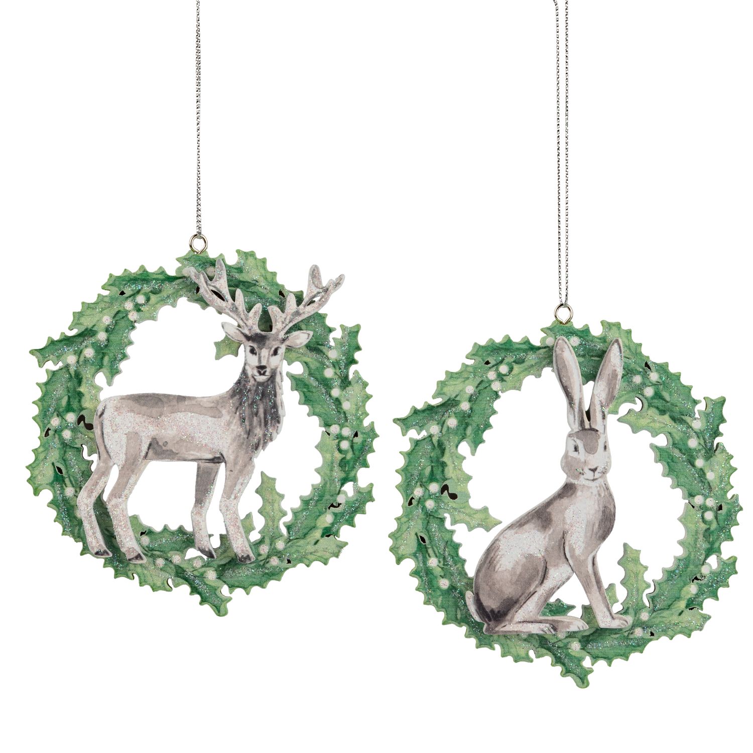 2 Asst&#39;d screen printed wood white rabbit and stag in green wreath ornament, 4 in  24