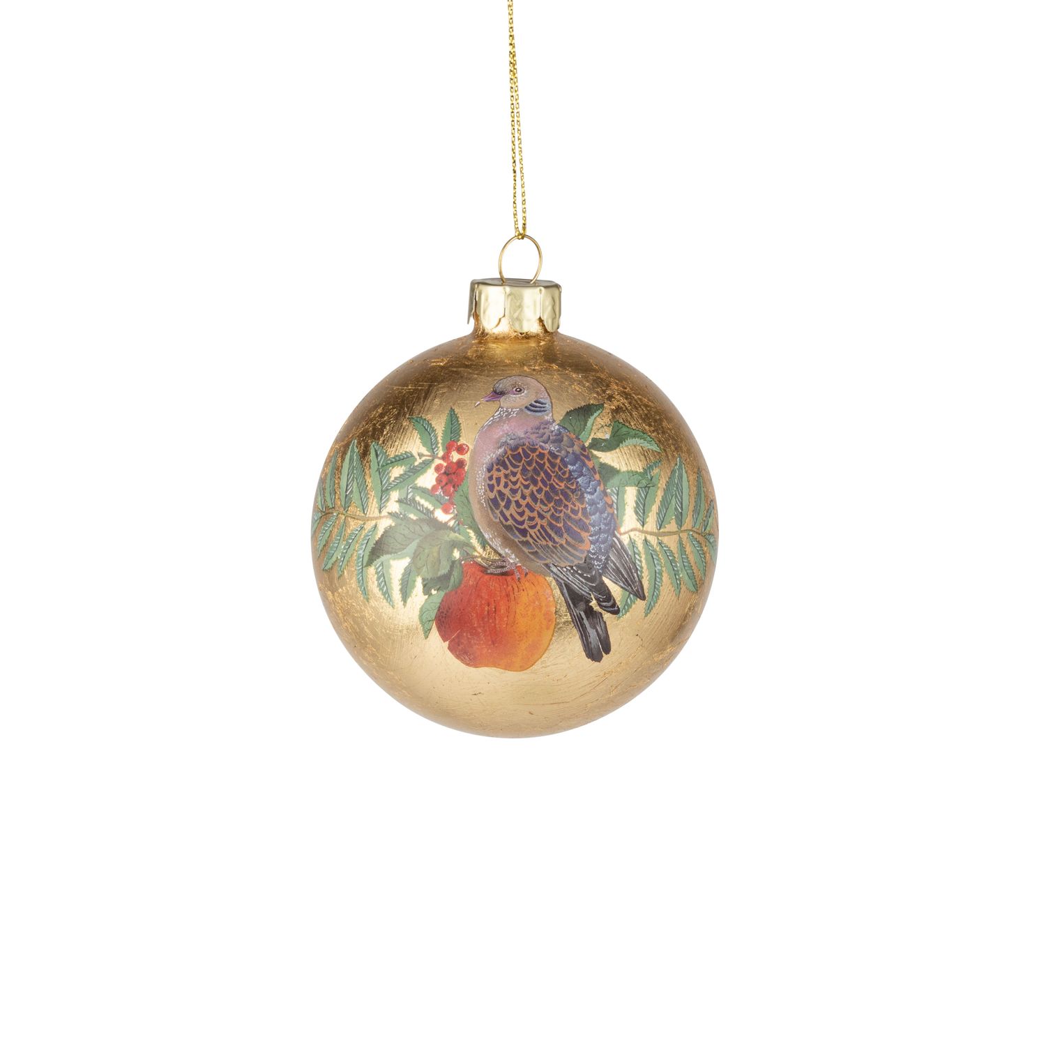Glass ball ornament, gold foil finish with grouse and apple scene, 80mm/3 in  12
