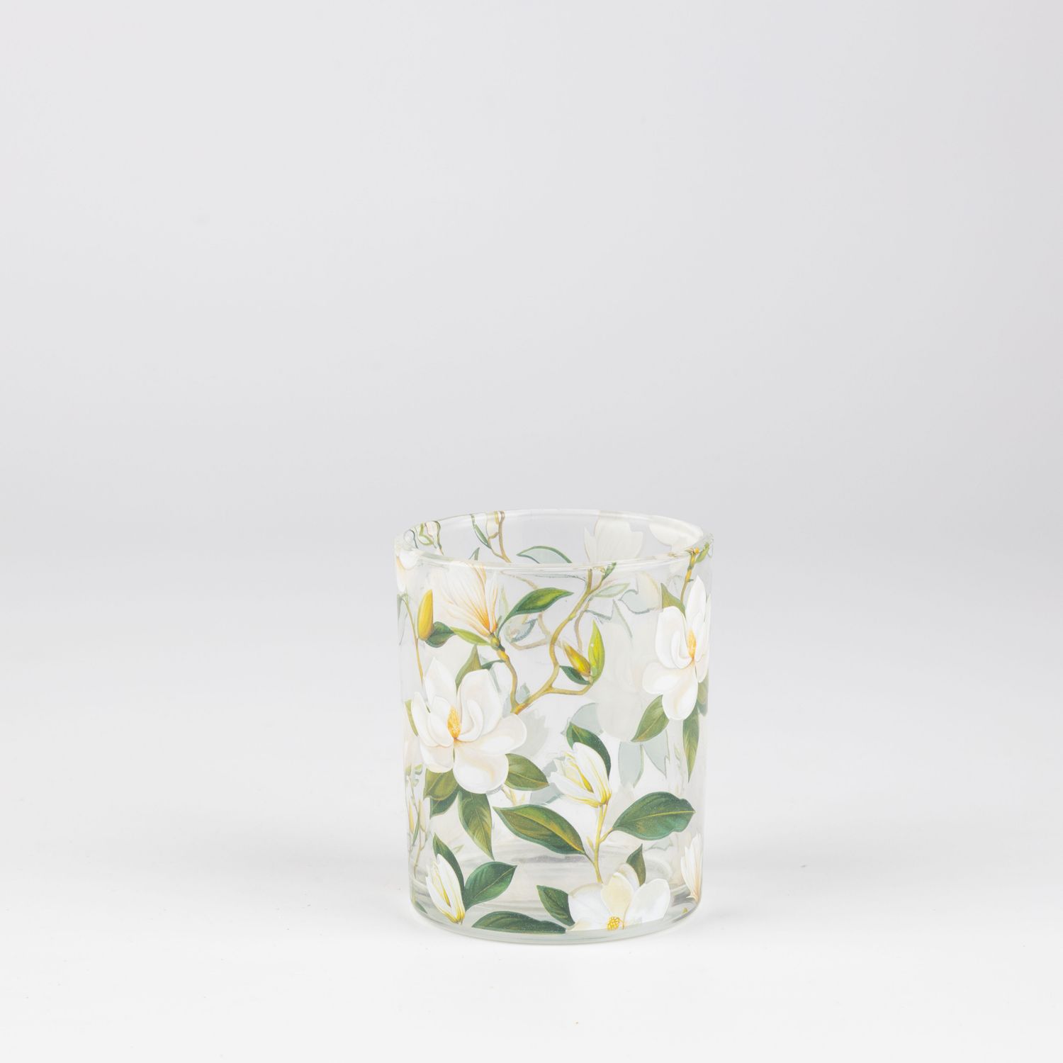 Glass t-light holder, clear glass with white and green magnolia flower, 3 in  6