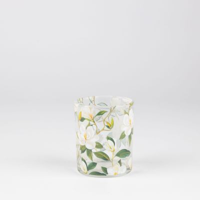 Glass t-light holder, clear glass with white and green magnolia flower, 3 in  6