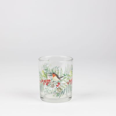 Glass t-light holder, clear glass with robin on cranberry sprig, 3 in  6