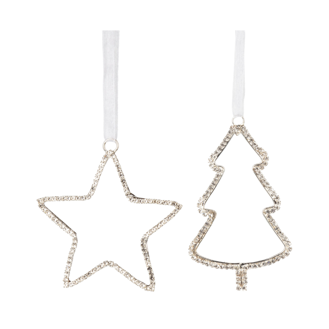 2 Asst&#39;d glass bead tree and star ornament on silver setting, 4 in  12