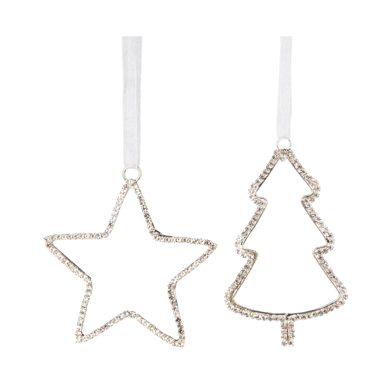 2 Asst&#39;d glass bead tree and star ornament on silver setting, 4 in  12