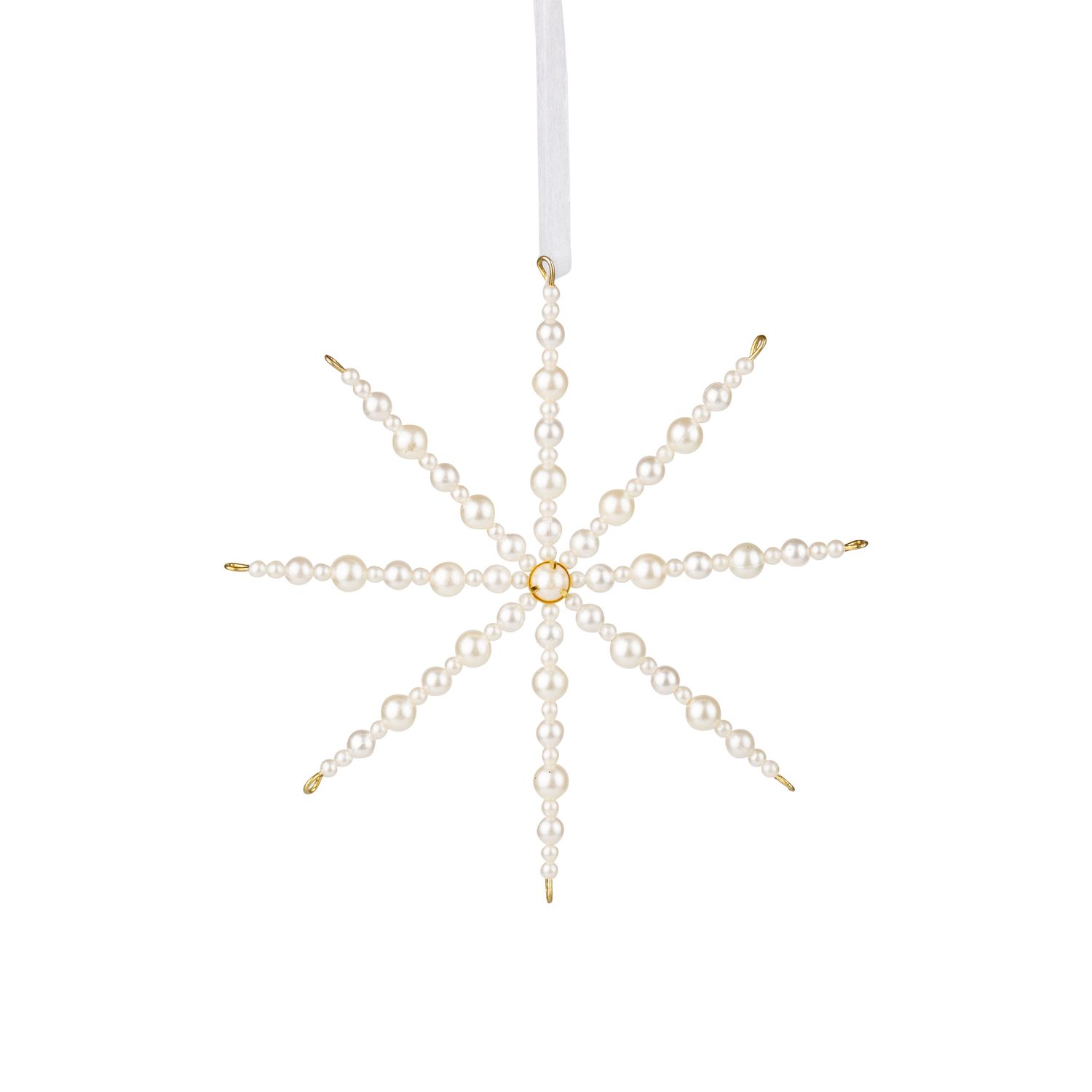 Acrylic pearl snowflake ornament on gold metal setting, 6.75 in  12