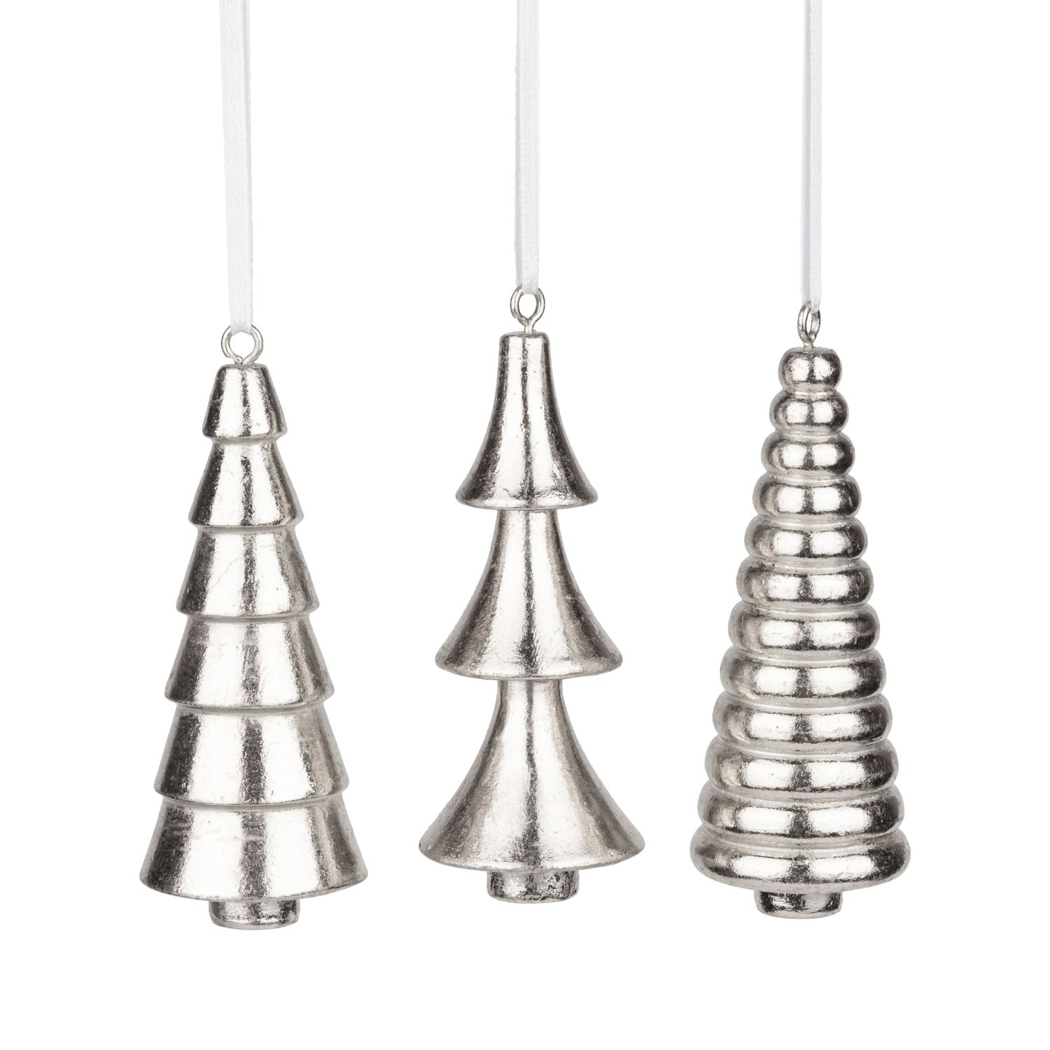 Set of 3 resin tree ornament, 3 distinctive silver cone shapes, 3.5 in  24