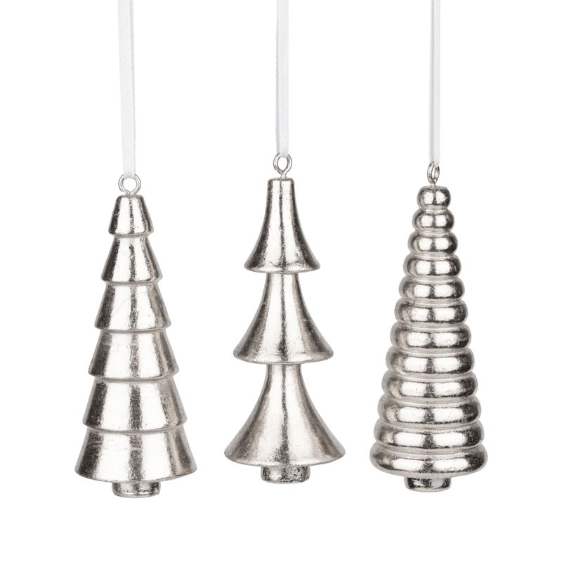 Set of 3 resin tree ornament, 3 distinctive silver cone shapes, 3.5 in  24