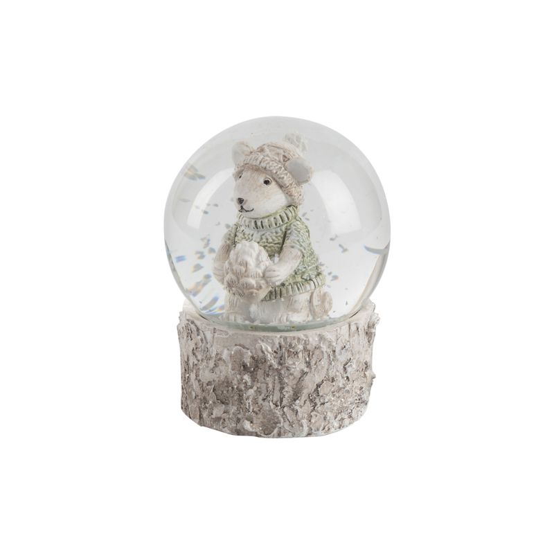Resin mouse holding a pinecone snow globe, 3.5 in  6