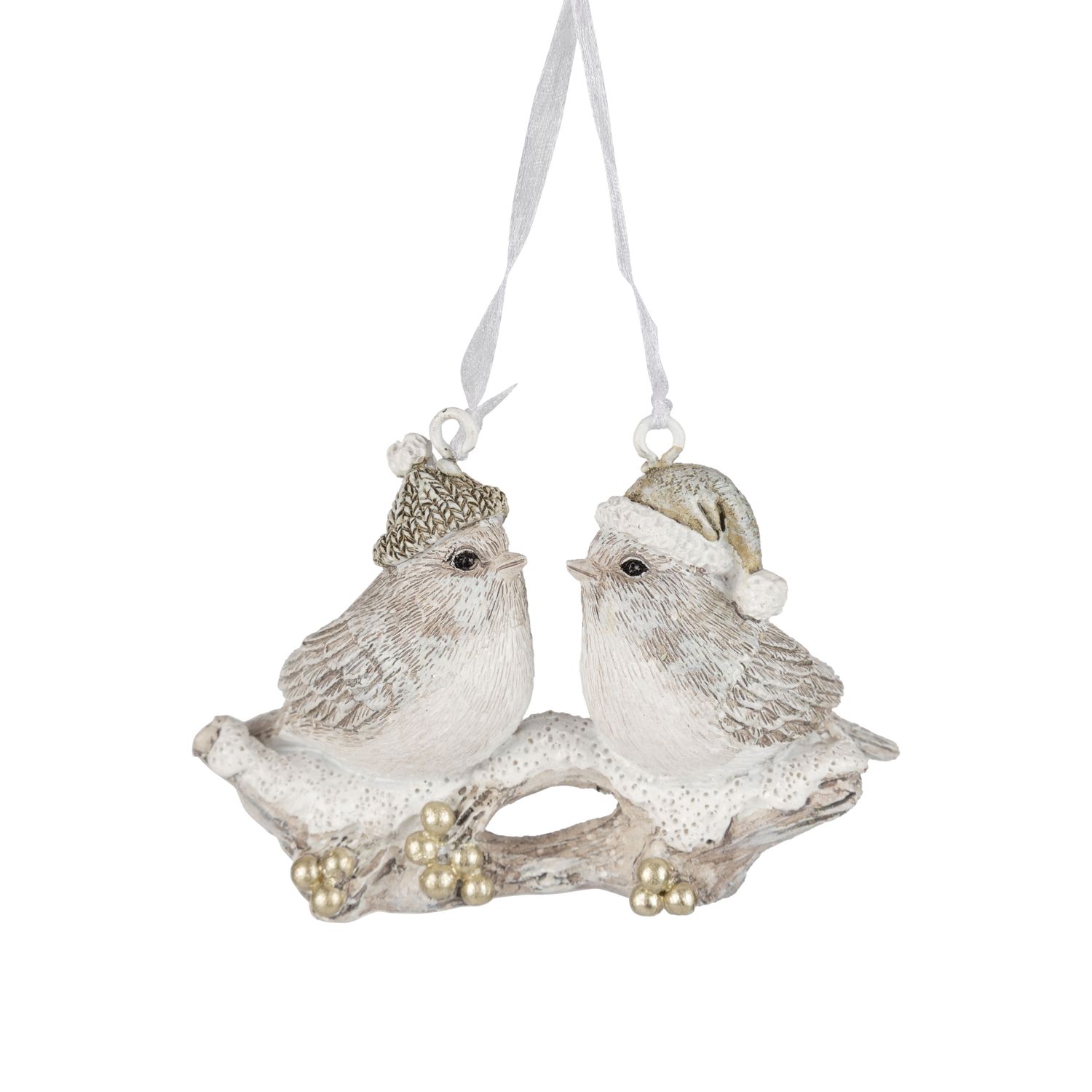 Resin birds in a hat on a branch ornament, 3 in  12