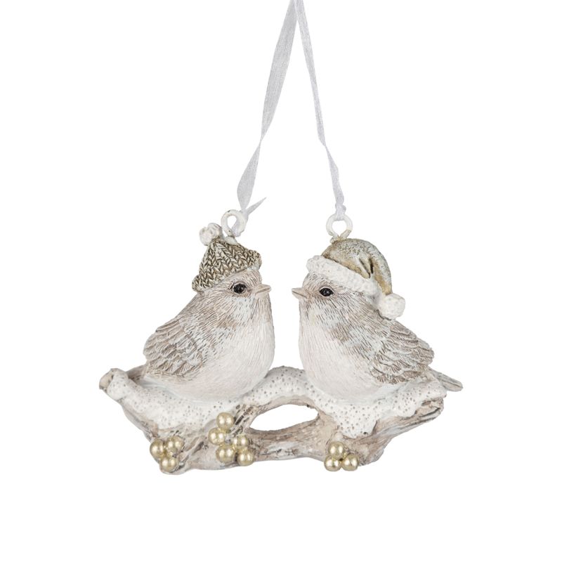 Resin birds in a hat on a branch ornament, 3 in  12