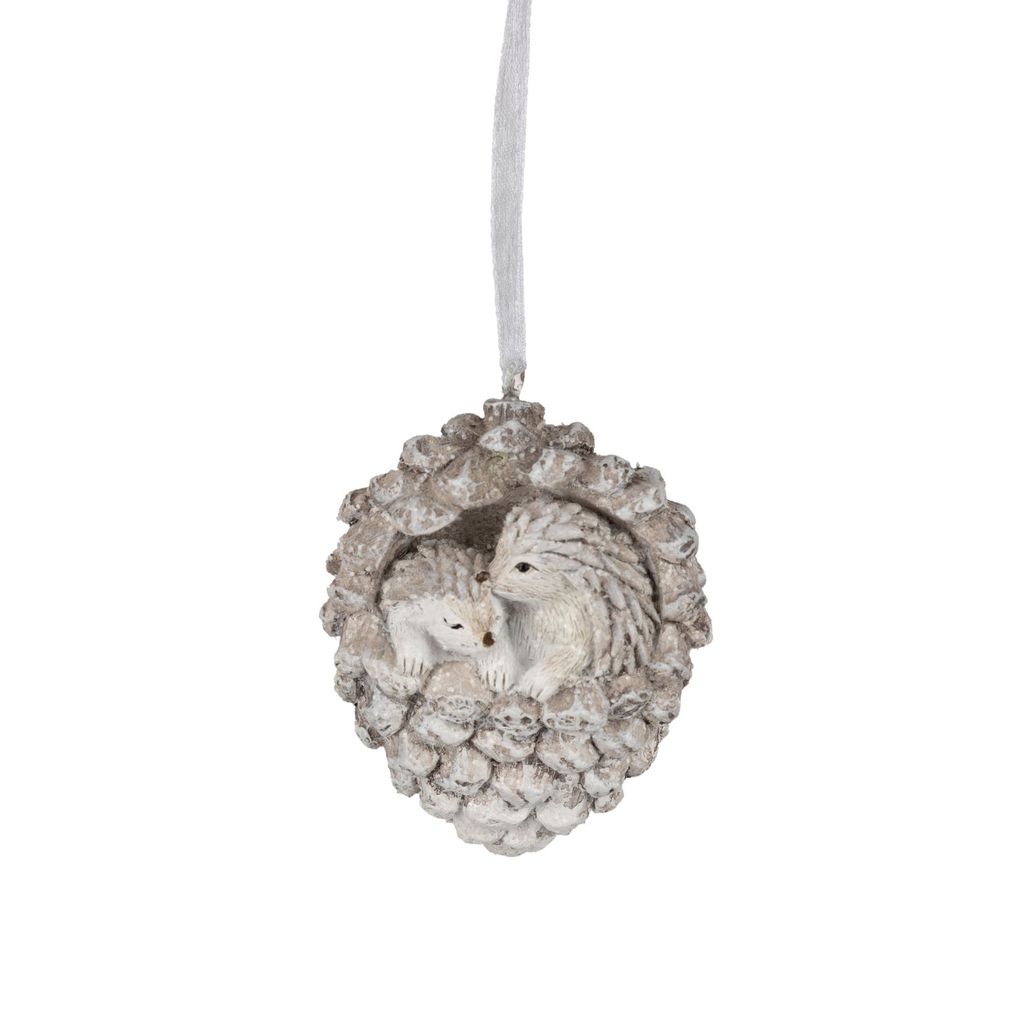 Resin white hedgehogs in a pinecone ornament, 3 in  12