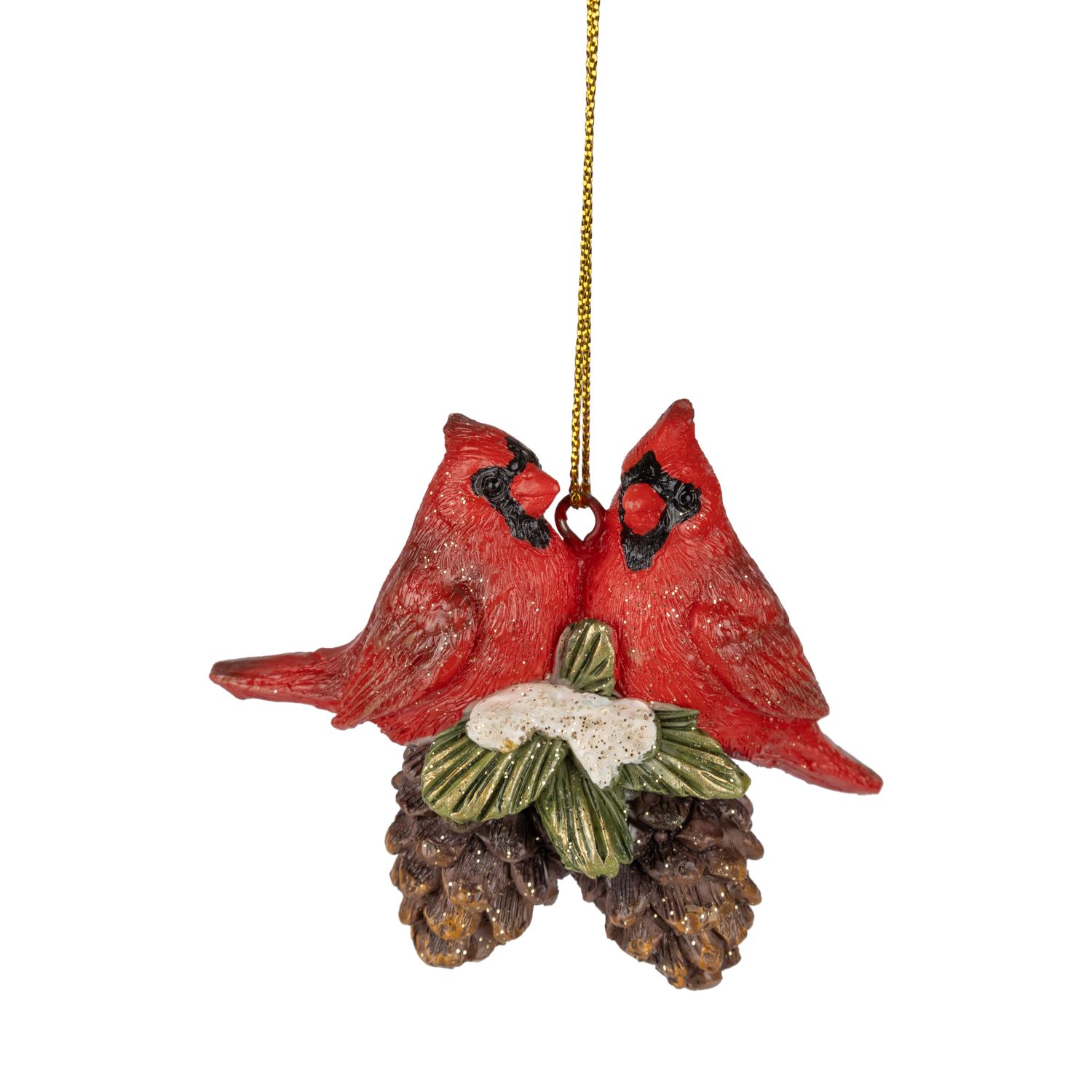 Resin red cardinal pair ornament, 2 birds on 2 pinecones, 2.5 in  12