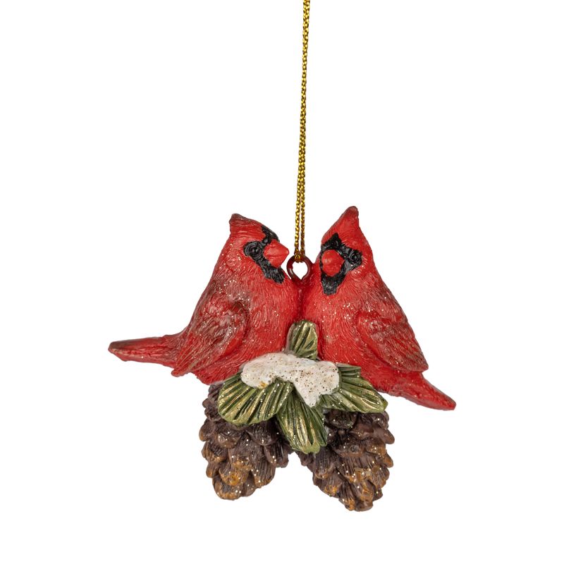 Resin red cardinal pair ornament, 2 birds on 2 pinecones, 2.5 in  12