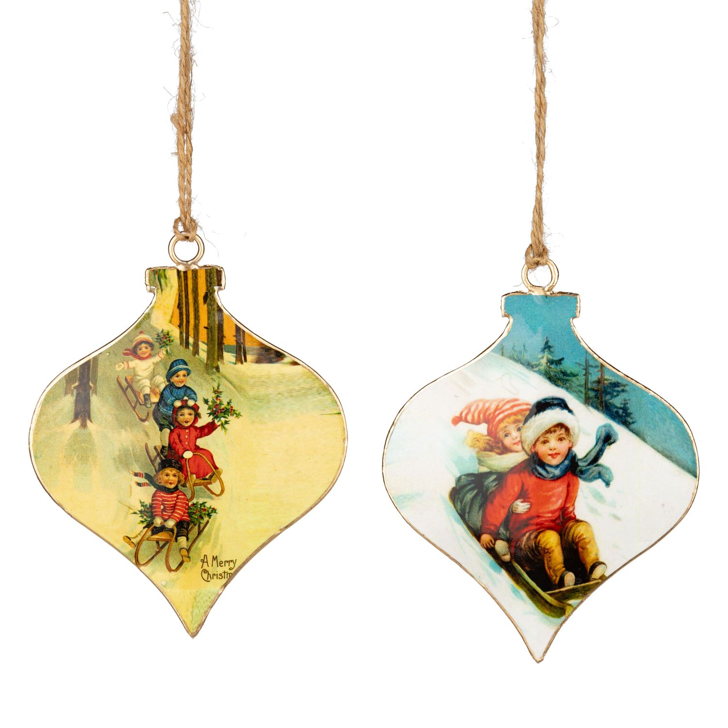 2 Asst&#39;d kismet shape metal vintage ornament, children on sleighs, white and gold, 4 in  24