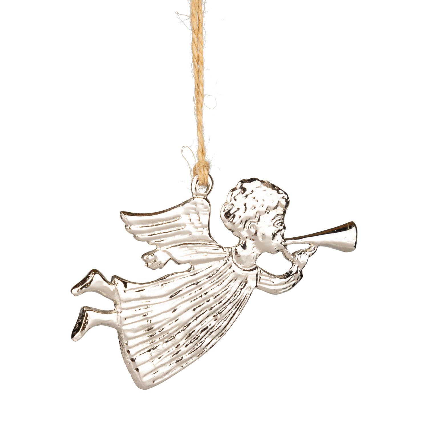 Metal silver angel ornament, corrugated texture, holding a festive horn, 4 in  12