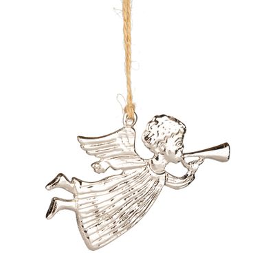 Metal silver angel ornament, corrugated texture, holding a festive horn, 4 in  12
