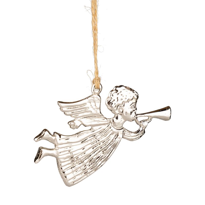 Metal silver angel ornament, corrugated texture, holding a festive horn, 4 in  12