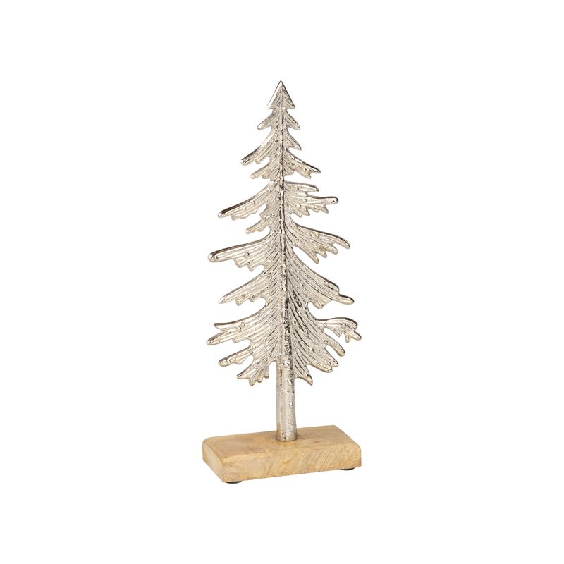Metal silver pine tree table piece, textured finish on wood base, 10.75 in  4