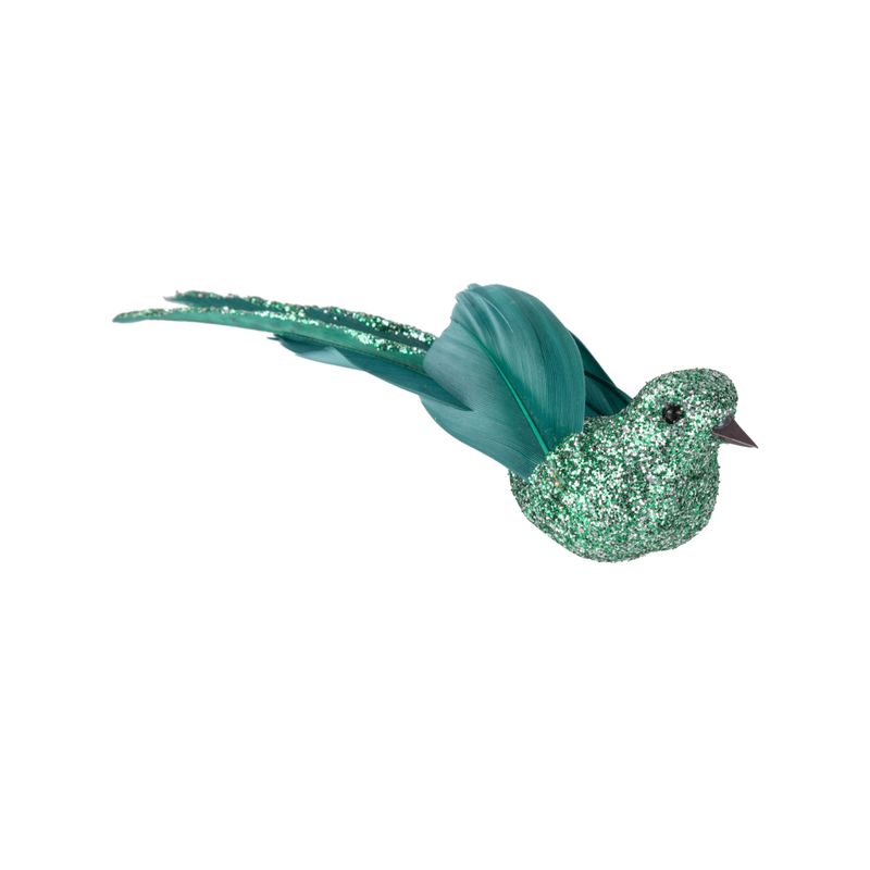 Green glitter bird clip on bird ornament with feather tail, 5 in  12