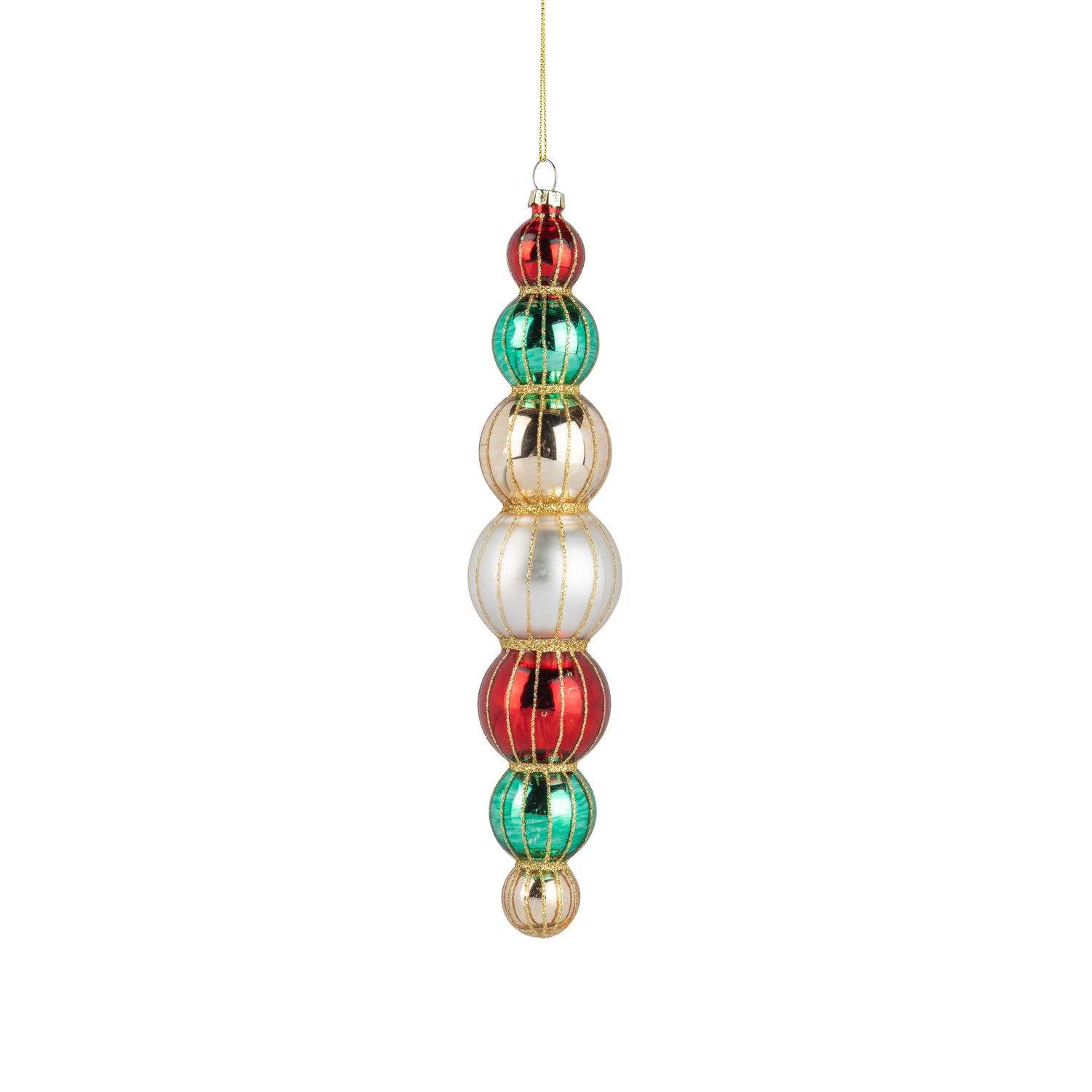 Glass drop ball finial ornament, red, white, gold, green, 9.5 in  6