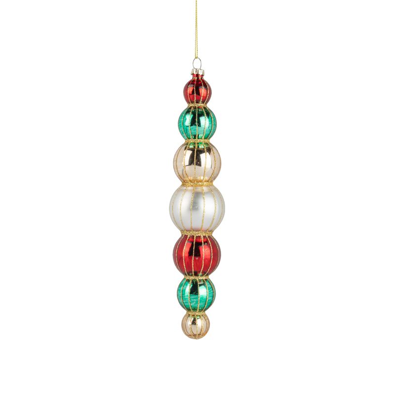 Glass drop ball finial ornament, red, white, gold, green, 9.5 in  6