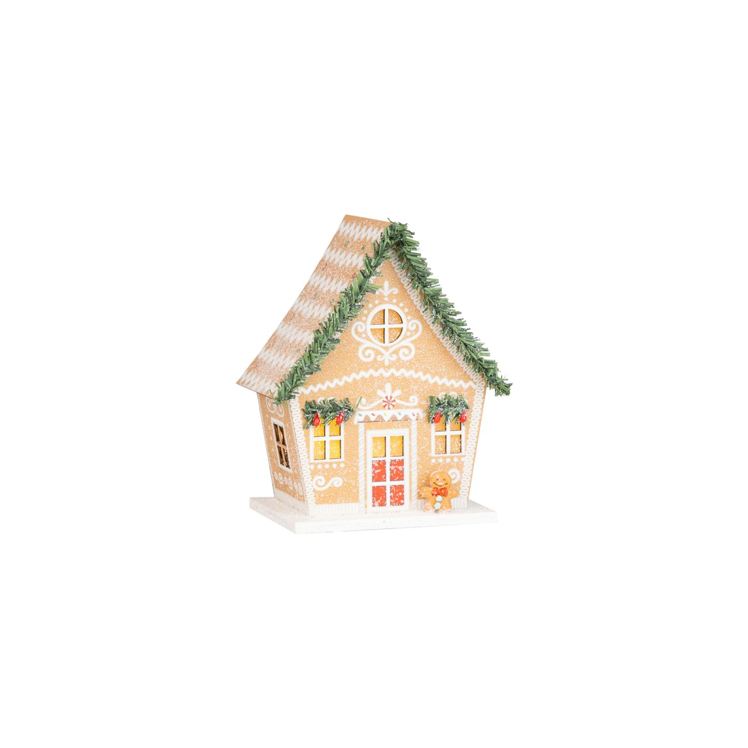 Paper gingerbread house table piece with resin gingerbread man and green roof garland, led lights, 6 in  4