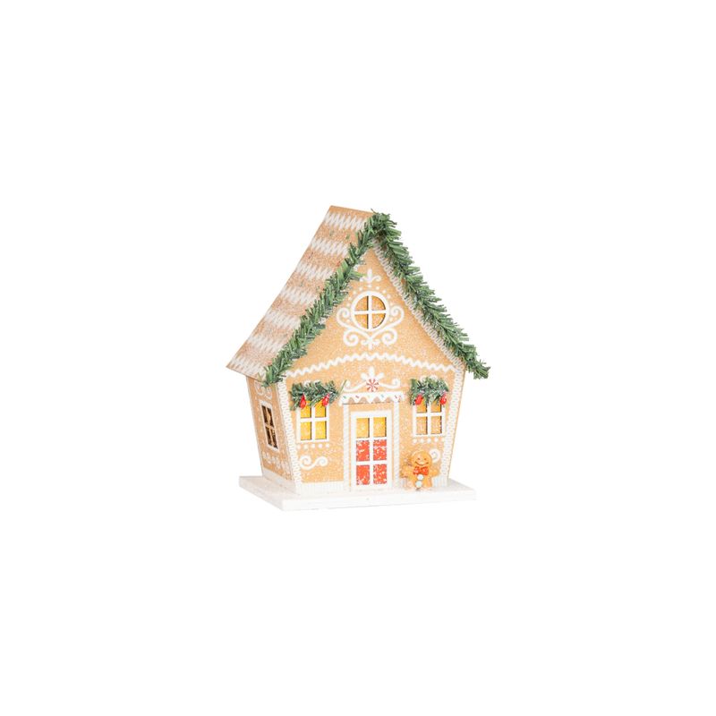 Paper gingerbread house table piece with resin gingerbread man and green roof garland, led lights, 6 in  4