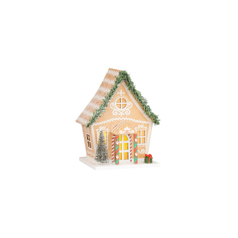 Paper gingerbread house table piece with bristle tree and green roof garland, led lights, 6.5 in  4