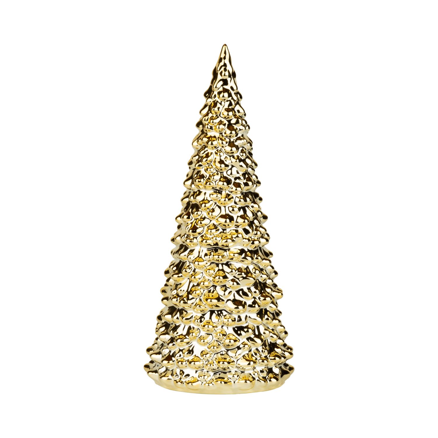 Ceramic gold fir tree table piece, shiny gold electroplate, 9.5 in  2