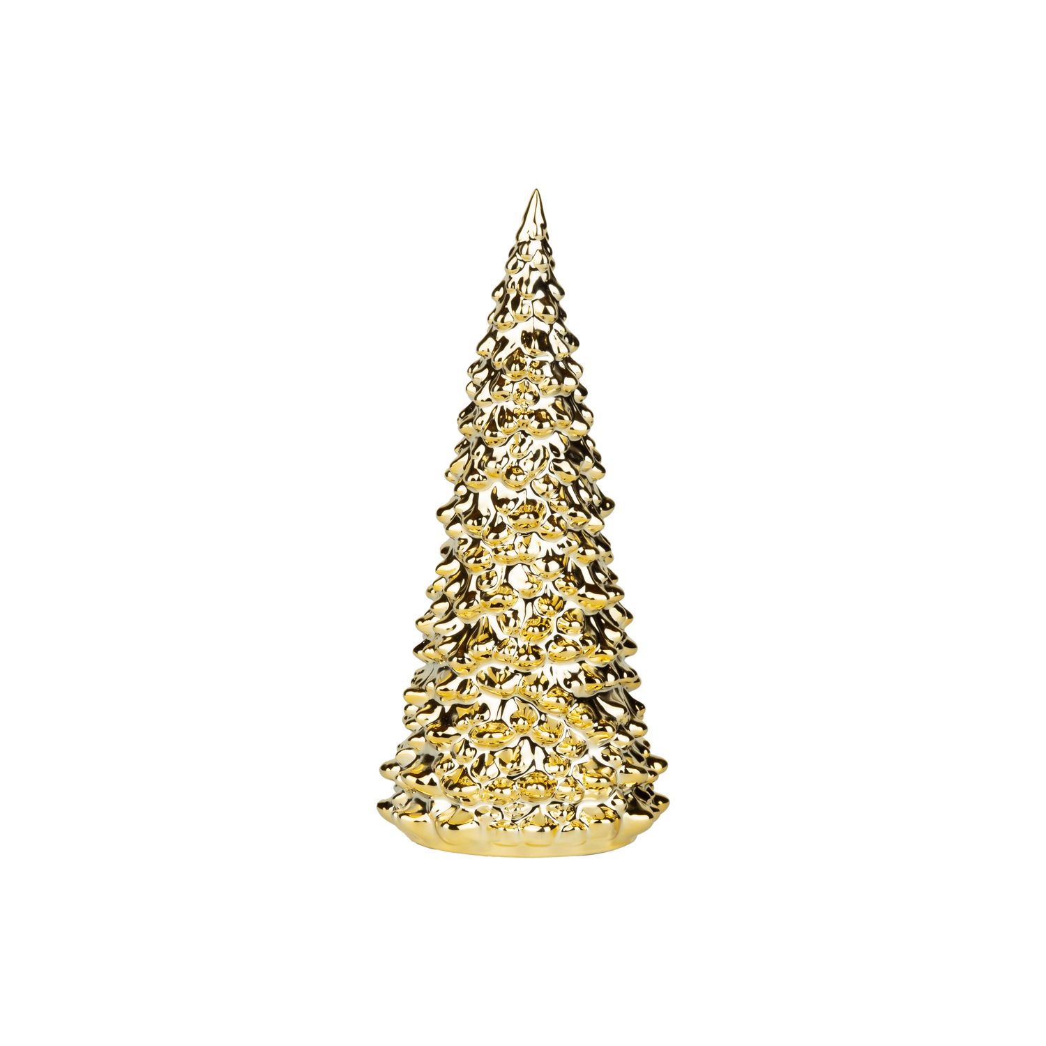 Ceramic gold fir tree table piece, shiny gold electroplate, 8 in  4