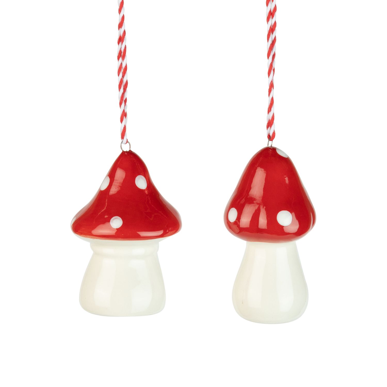2 Asst&#39;d ceramic mushroom ornament, red cap with white polka dot, wide, 3.5 in  12
