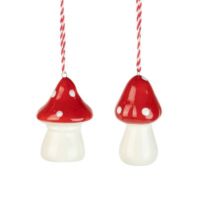 2 Asst&#39;d ceramic mushroom ornament, red cap with white polka dot, wide, 3.5 in  12