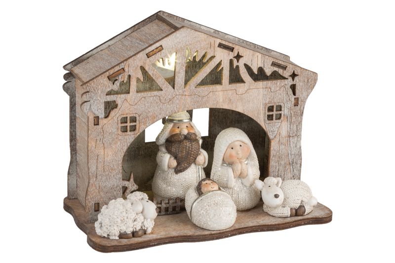 Resin and wood mini nativity manger table piece, LED lights, 6 in  3