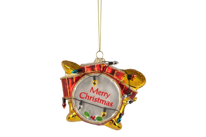 Glass drum set ornament, red and gold, 4 in  6