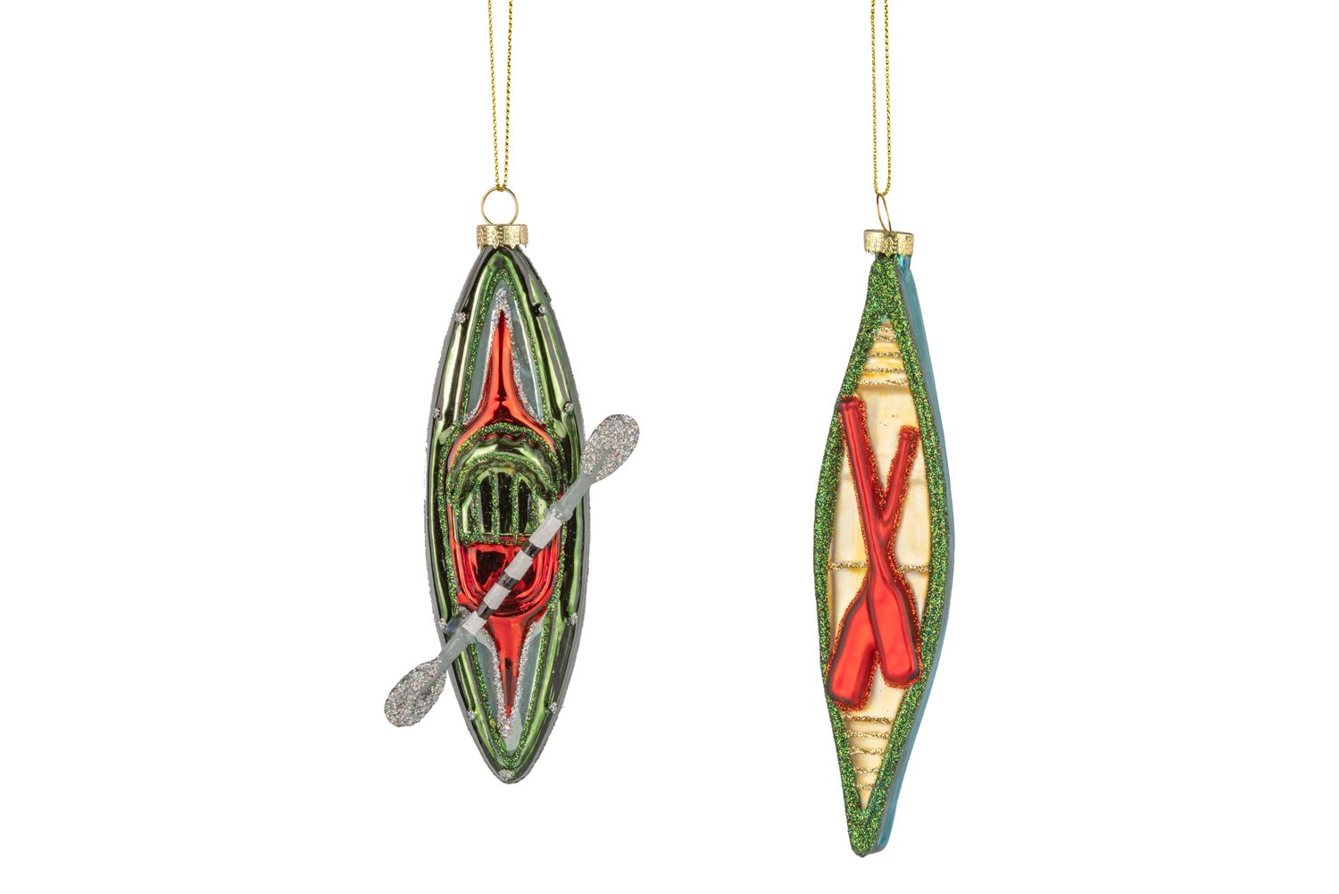 2 Asst&#39;d glass kayak ornaments , green and yellow, 5.5 in  6