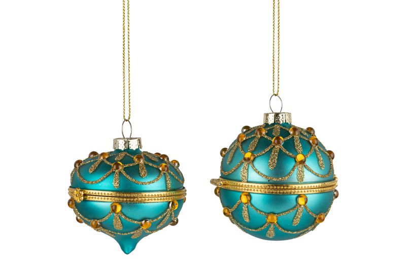 2 Asst&#39;d hinged glass keepsake ornaments teal green with gold swirls and amber diamantes, 2.5 in  12