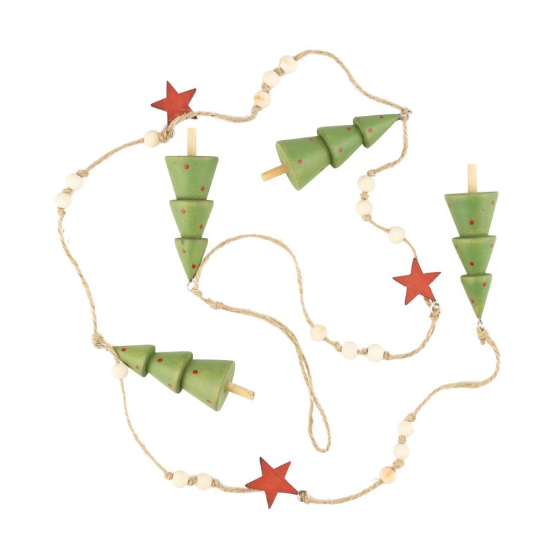 Wood tree garland, green tree with white star on natural cord, 49 in  6