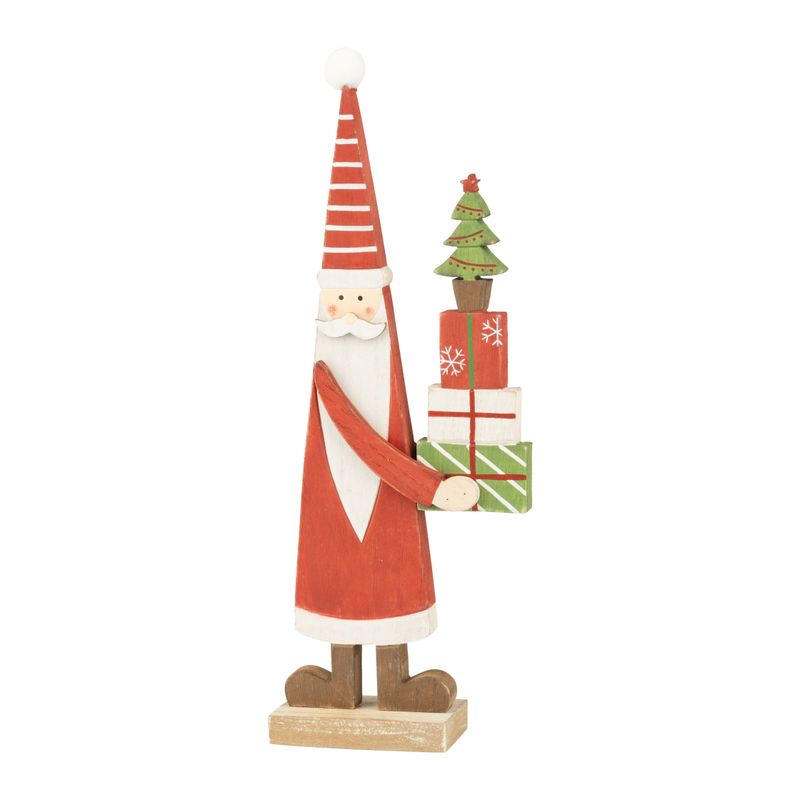 Wood Santa table piece, tall scandi red and white Santa holding presents on natural wood base, 14 in  4