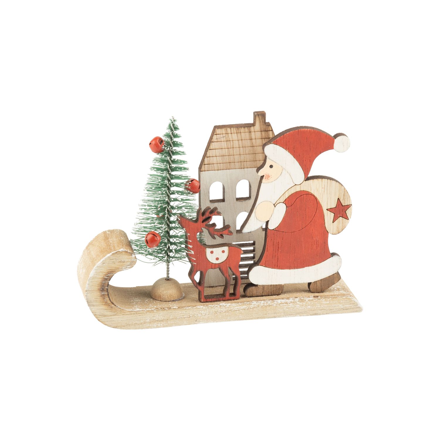 Wood Santa table piece, wood Santa on natural wood sleigh, 5.5 in  6