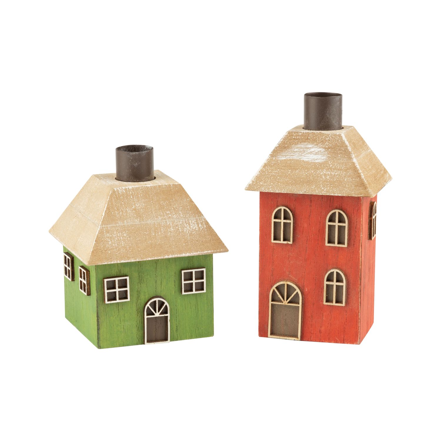 2 Asst&#39;d wood house table piece, red and green with black chimney, 4.5+6 in  8