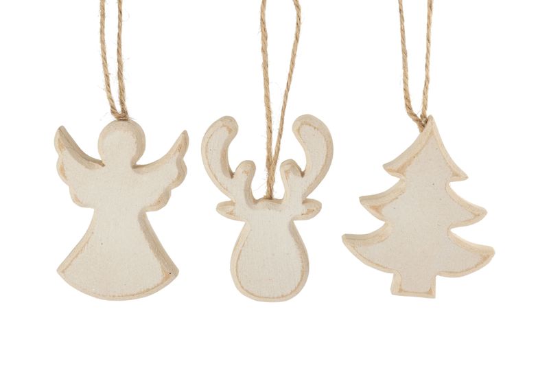 3 Asst&#39;d wood ornament, antique white tree, angel and moose, light natural edge, 3 in  24