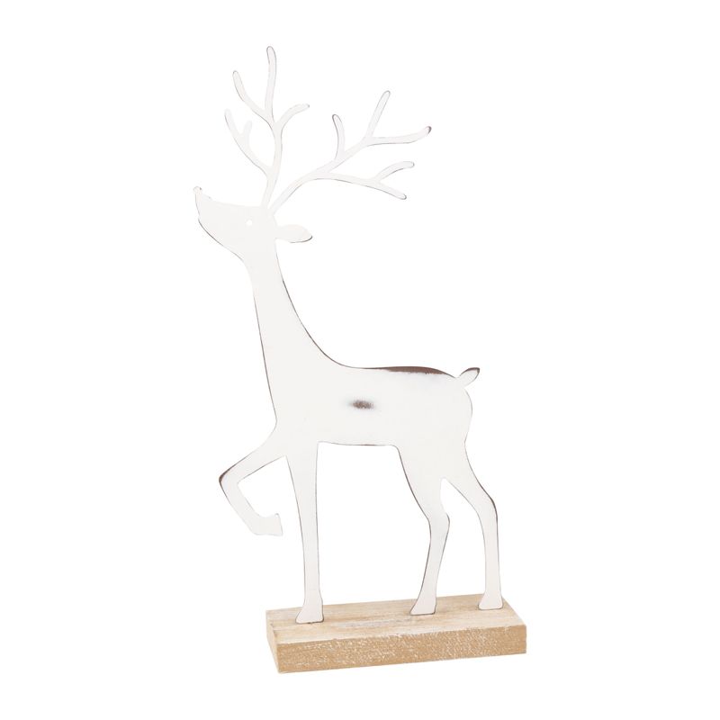 Metal stag table piece, white prancing stag on natural wood base, 12 in  4