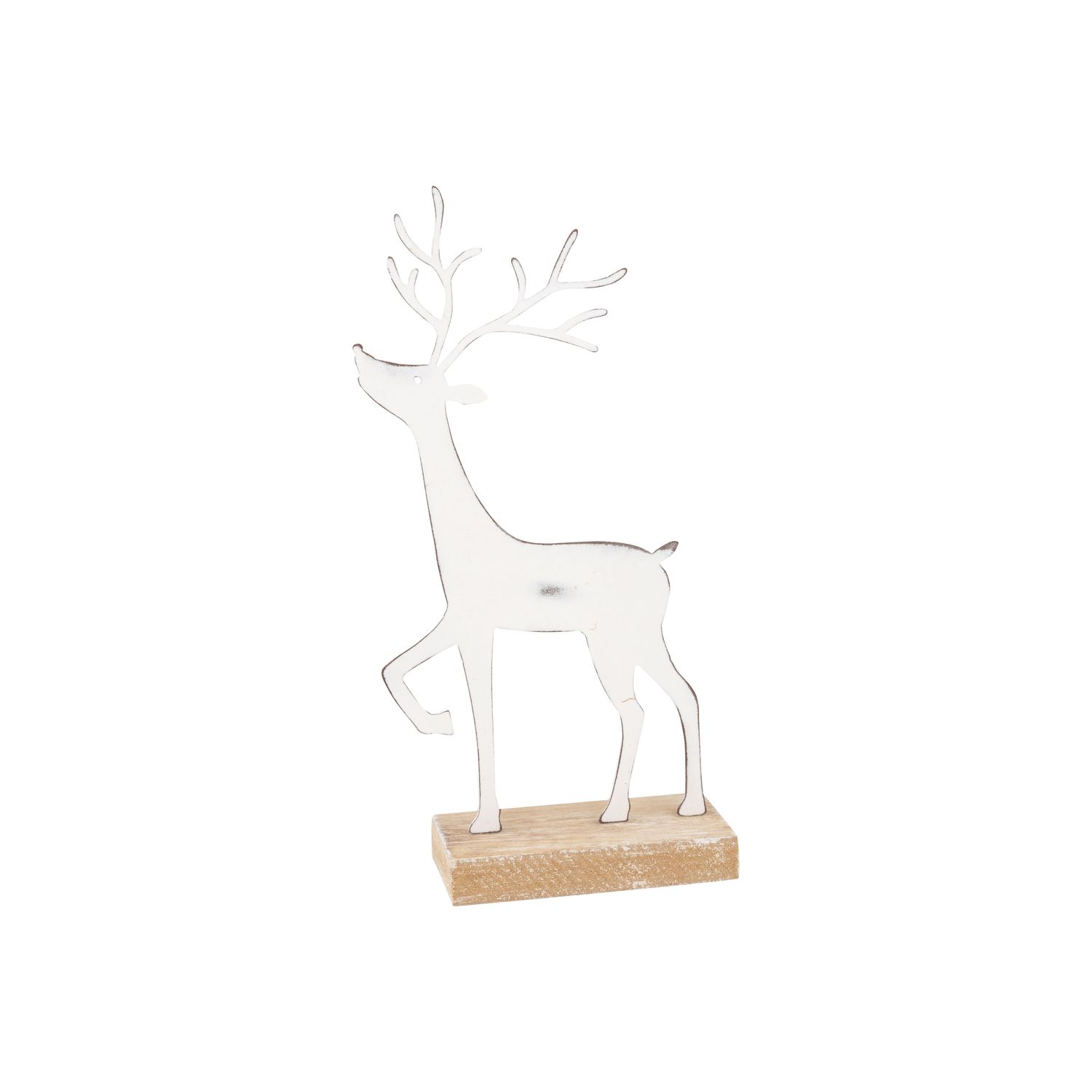 Metal stag table piece, white prancing metal stag on natural wood base, 9 in  6