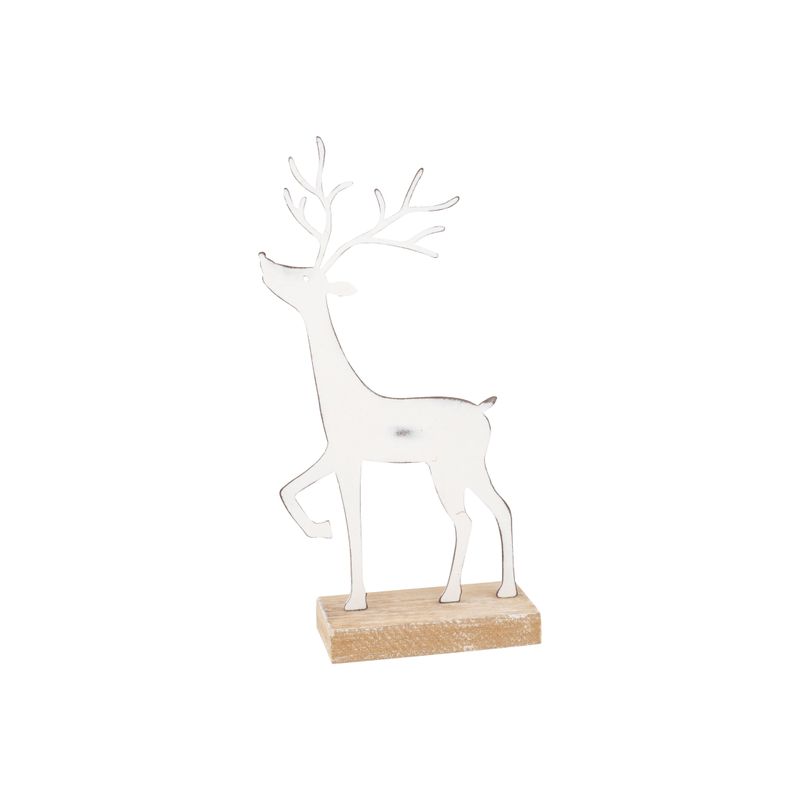Metal stag table piece, white prancing metal stag on natural wood base, 9 in  6
