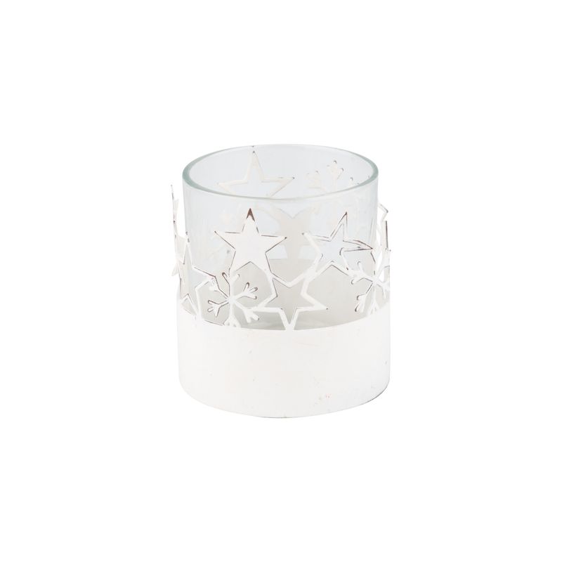 Metal and glass votive holder, white metal stars around clear glass votive holder, 3 in  6