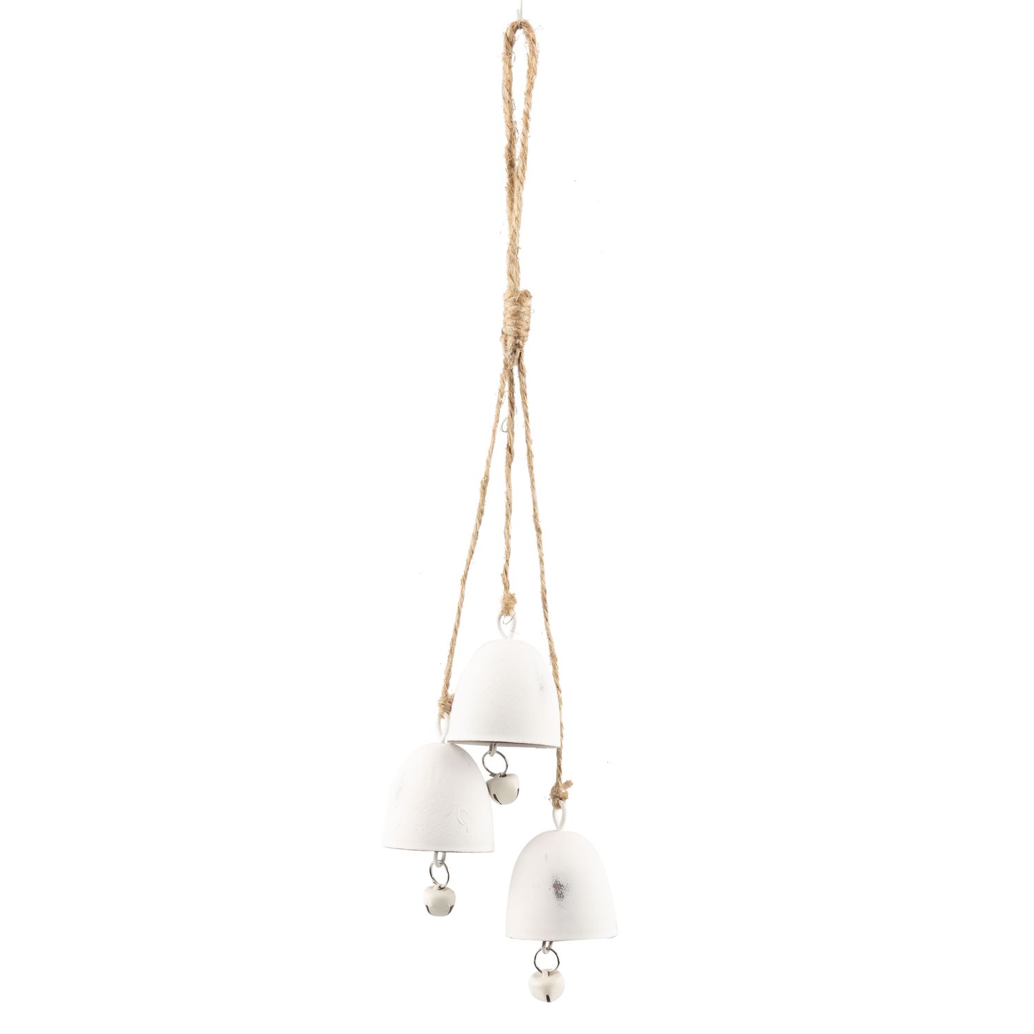 Metal trio bell ornament, antique white cloche bells on natural cord, 14.5 in  6