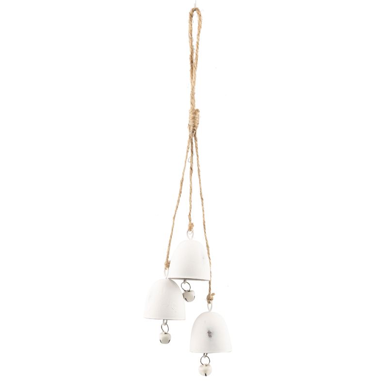 Metal trio bell ornament, antique white cloche bells on natural cord, 14.5 in  6