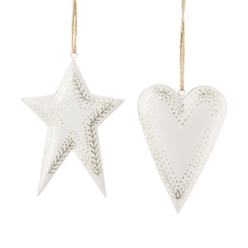 2 Asst&#39;d metal ornament, white heart and star with silver rim, 4.5+5 in  12