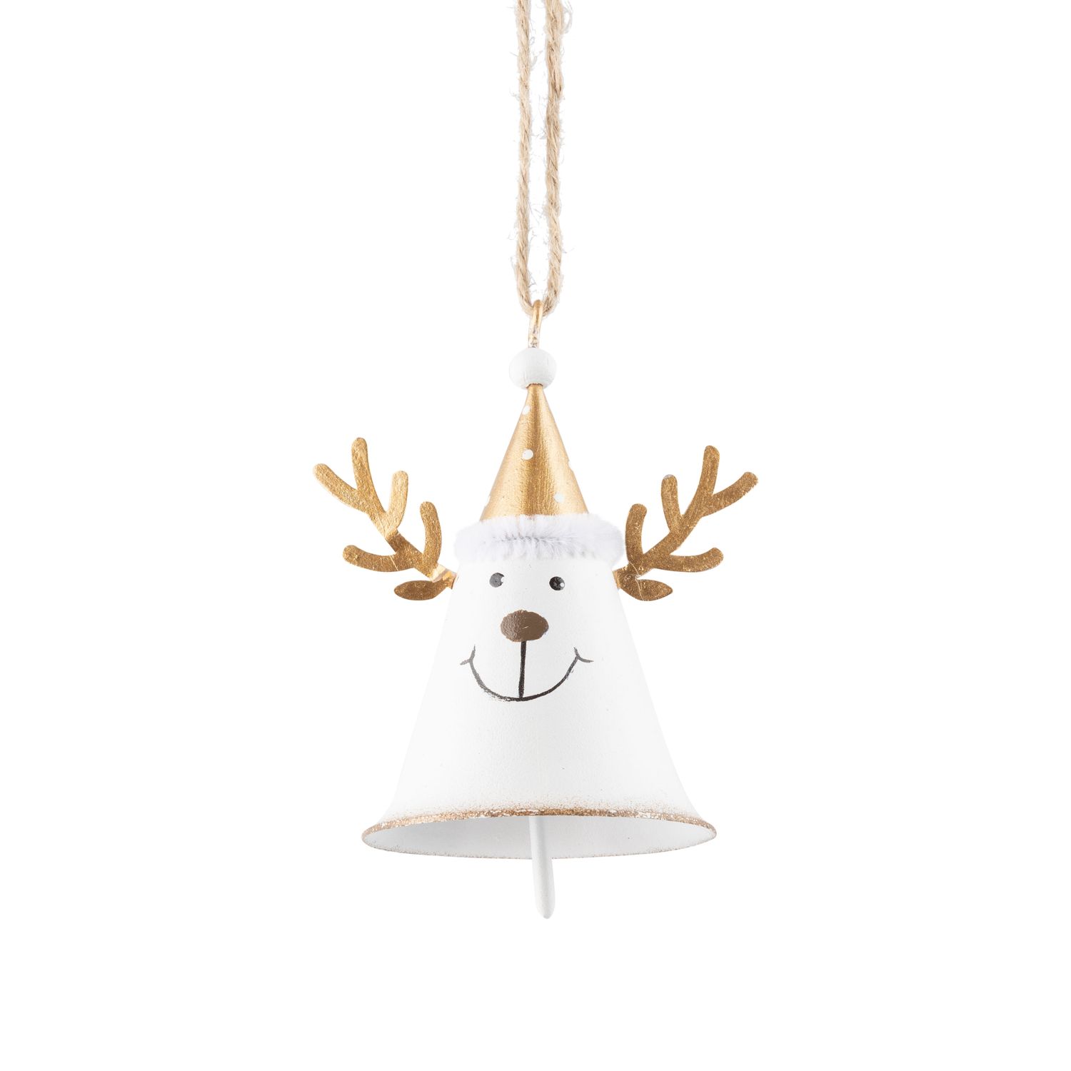 Metal reindeer bell ornament, white bell with gold hat and antlers, 4 in  6