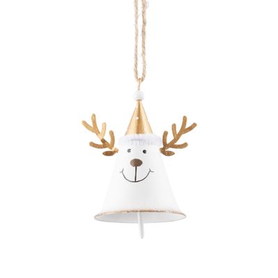 Metal reindeer bell ornament, white bell with gold hat and antlers, 4 in  6