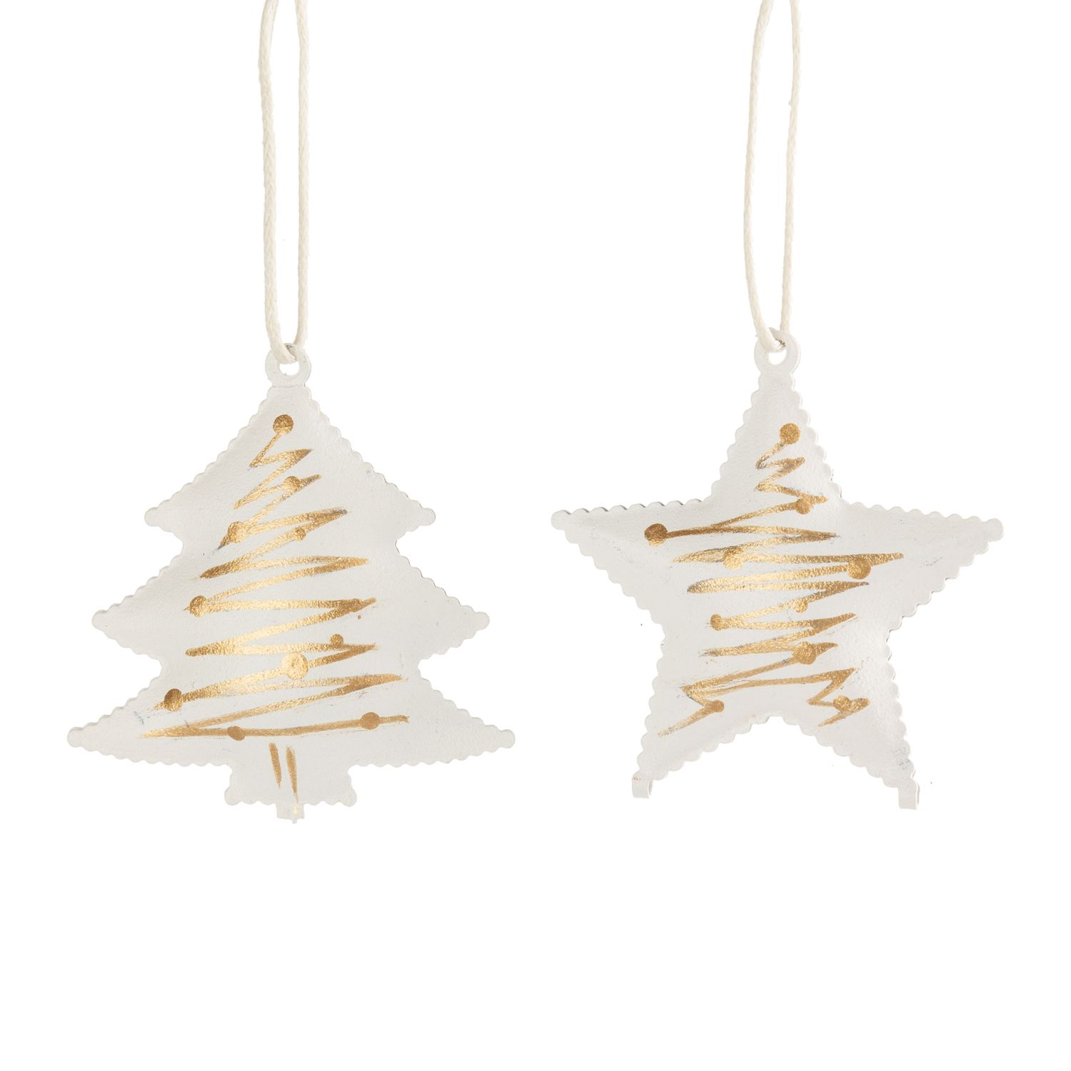 2 Asst&#39;d metal mini ornament, white with gold abstract print star and tree, 2 in  36